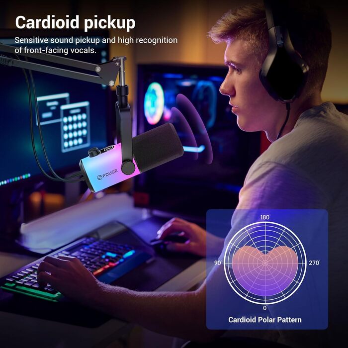 Ігровий мікрофон FDUCE з USB/XLR підключенням для стрімінгу, запису подкастів та ігор. RGB-підсвічування, регулювання чутливості, навушник, кріплення-павук (D20+)