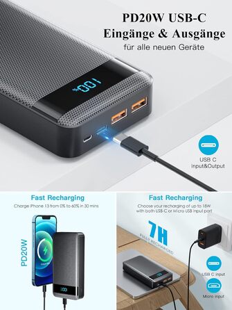 Швидкий зарядний пристрій 22,5 Вт PD20W, USB C, LED-дисплей, 3 виходи, 2 входи, портативний, 26800mAh