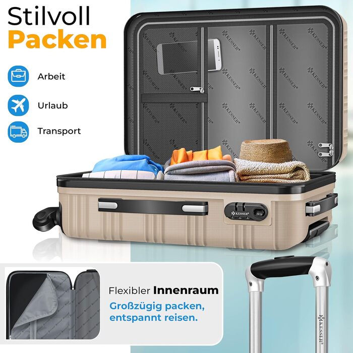Валіза KESSER® з жорстким корпусом, вагова шалька та багажний жетон | Роликова валіза з кодовим замком, телескопічна ручка (шампань, 75 см – 120 л)
