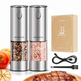 Електричні соляні та перечні млини WONMAKE з регульованим керамічним жорном, USB-зарядка, LED-підсвічуванням, великим об'ємом, з нержавіючої сталі