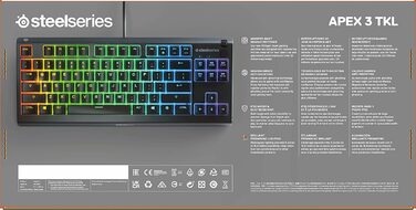 Клавіатура SteelSeries Apex 3 TKL для геймінгу – RGB, компактний форм-фактор TKL, волого- та пилостійкість, тихі геймінгові клавіші, DE Layout QWERTZ, чорний колір