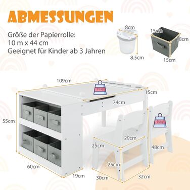 Дитячий стіл DREAMADE 3 в 1 з 2 стільцями, з відкидною кришкою та 2 тканинними ящиками, дитяча меблі для малювання та ігор, з місцем для зберігання (7 відділень), колір білий