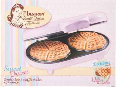 Вафлі Bestron Double Waffle Iron Heart, Антипригарні, Підвісний кошик, Ідеально підходить для урочистостей, Рожевий