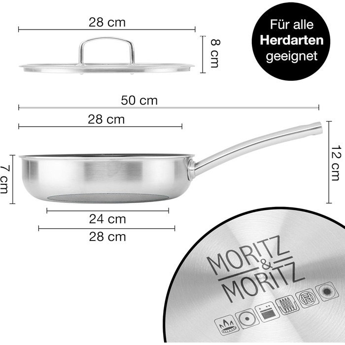 Сковорода з нержавіючої сталі Moritz & Moritz з кришкою 28 см з керамічним покриттям нового покоління - підходить для всіх типів плит - антипригарна сковорода з вафельною структурою для приготування, смаження та тушкування. Діаметр 28 см