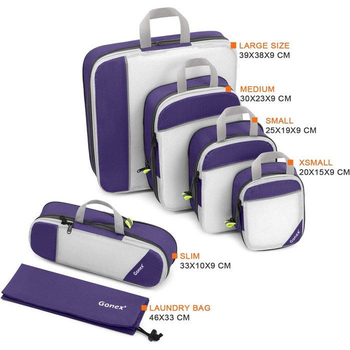 Набір компресійних органайзерів для одягу в подорожі Gonex, 6 предметів, фіолетовий — міцні органайзери для валізи та зберігання речей