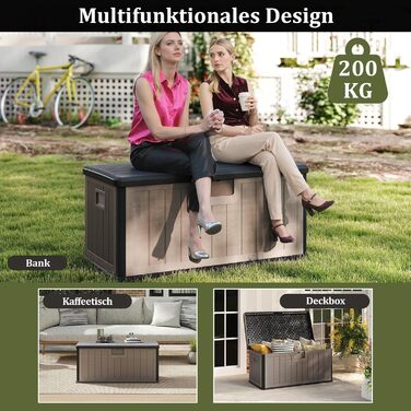 Ящик для зберігання садовий COSTWAY 378 л, водонепроникний, з кришкою на замок, для подушок та інструментів, чорно-коричневий