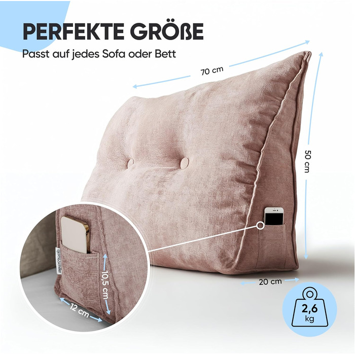 Підголовник Björn&Schiller для спини - подушка для ліжка та дивана, клиновидна подушка, спинка для стіни, сидіння, подушка для стіни, велика знімною обложкою (шампань, 70 см)