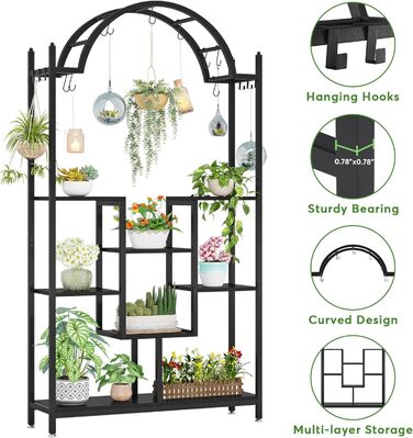 Плантатор Tribesigns з 5 полицями для дому, металевий, з гачками, для квітів, бонсай, сад, балкон, вітальня, білий та сірий (чорний)