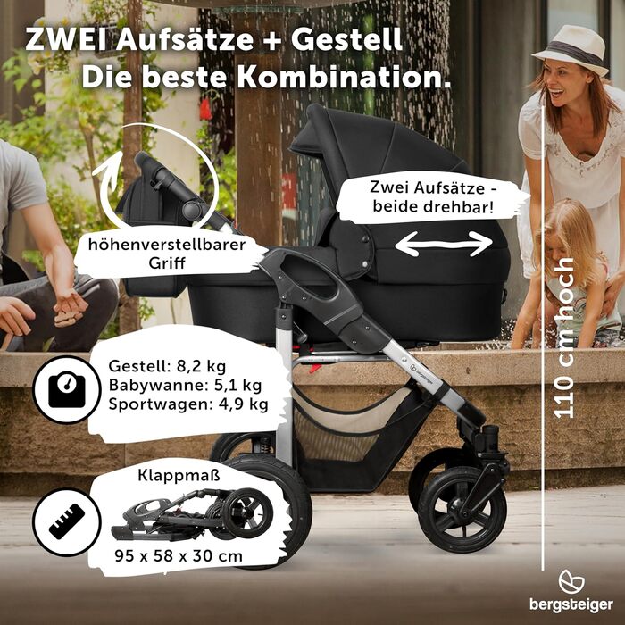 Дитяча коляска 3-в-1 Bergsteiger Capri – люлька, автокрісло i-Size, прогулянкове сидіння, повітряні колеса, амортизація, регульована ручка, складна, з аксесуарами (чорний/срібний)