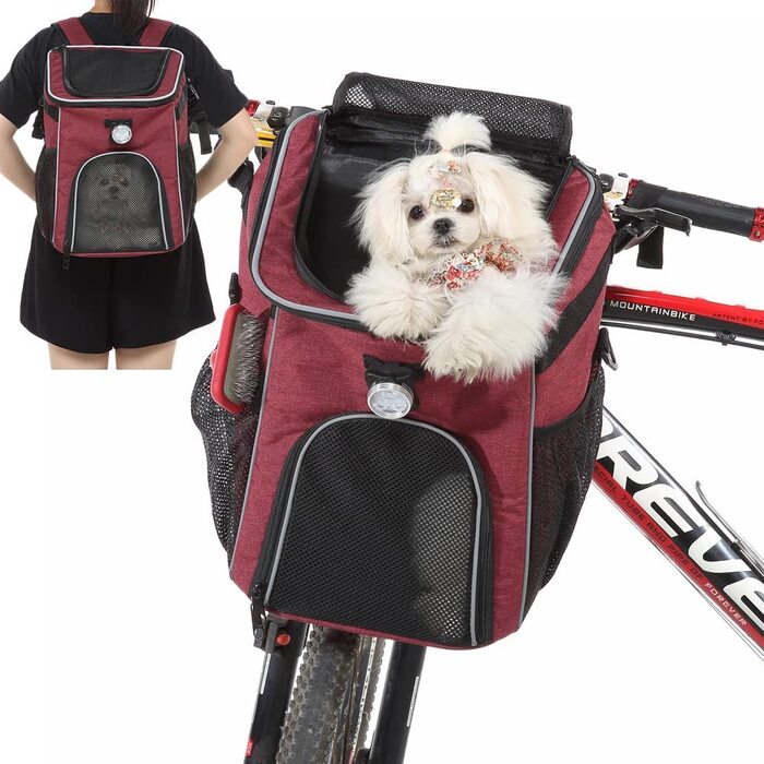Велосипедна корзина для собак спереду, рюкзак для собак, рюкзак для кішок вагою до 5 кг для подорожей, походів, кемпінгу, велосипедна корзина для собак для маленьких, середніх цуценят і кішок (темно-бордовий)