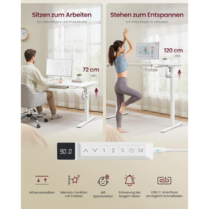 Стол для роботи VASAGLE з регулюванням висоти, USB-C, підставка для розеток, стоячий стіл, нагадування про перерви, 3 пам'яті, для офісу, 180x80 см, матовий білий (LSD146WZ02)