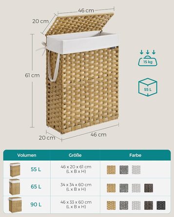 Кошик для білизни SONGMICS 55 л, ротанг, з кришкою та ручками, складний, знімний мішок для білизни, пастельно-жовтий