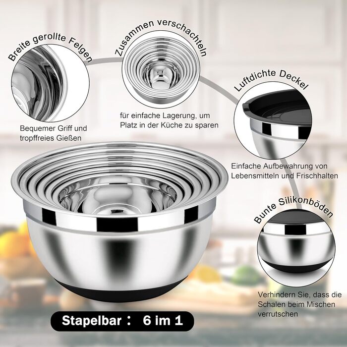 Набір місок Homikit з нержавіючої сталі, 6 шт. з тертками, кришкою та силіконовим дном, 4.6/2.8/2.5/1.6/1.2/0.7 л, чорний