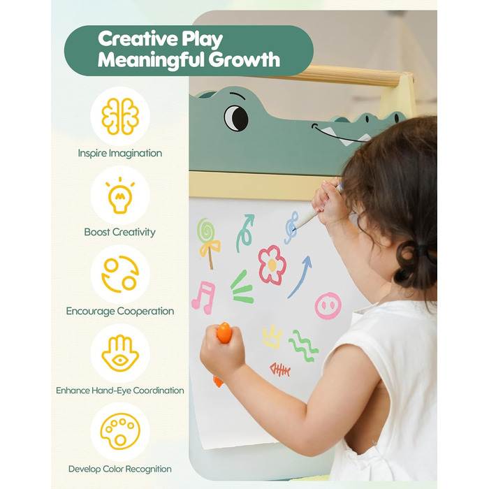 Мольберт для малювання ROBOTIME Alligator – 3-в-1, регульована висота, дерев'яний мольберт з магнітною дошкою, крейдяною дошкою та держателем для рулонів паперу, дитяча арт-станція для хлопчиків та дівчаток