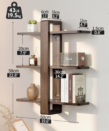 Полиця настінна SUMGAR з дерева, плаваючі полиці, 3-ярусна, декоративна, для вітальні, спальні, колір горіх, 50x58 см