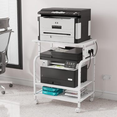 Тристопельний стіл для принтера з розеткою та USB-портами, регульовані полиці, роликовий стійка для дому/офісу, для 3D/лазерного друку, термопреса (білий, 60 см)