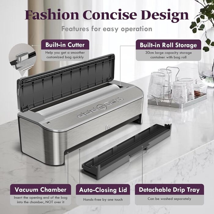 Вакууматор Mesliese 85kPa 120W для продуктів, автоматична машина для вакуумного пакування з вбудованим різаком та відсіком для пакетів, сталь, 2 рулони в комплекті