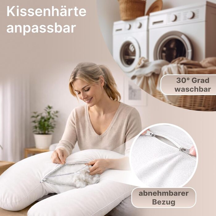 Подушка для вагітних ELONEO NEU для сну на боці, подушка для годування, XXL розмір, біла, знімний чохол, подушка для читання, пральна