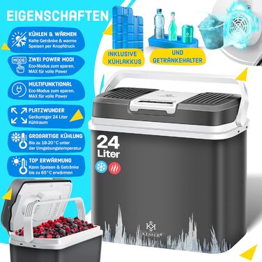 Автомобільний термобокс KESSER 24л: Електричний холодильник/грілка 12/230V для авто, човна, кемпінгу. Режими ECO та MAX, колір антрацит