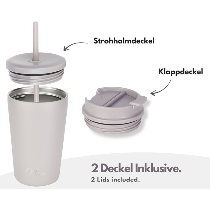 Термокружка Milu 400 мл, не протікає, з нержавіючої сталі, з трубочкою, ізольована, зберігає тепло 10 годин / холод 20 годин, без BPA (Taupe Grau)