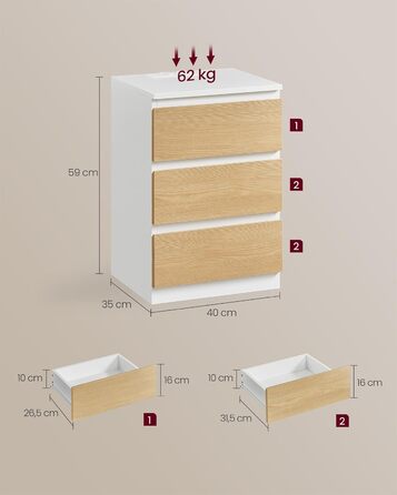 Приліжкова тумбочка VASAGLE Kailyn з розетками та USB-портами, 3 висувні ящики, сучасний дизайн, сіро-коричневий колір, LET831G01
