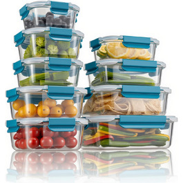 Набір контейнерів для зберігання продуктів Glas, 18 частин (9 контейнерів, 9 кришок), BPA-free, безпечні для миття в посудомийній машині, мікрохвильовій печі та морозильній камері, виготовлені з скла, блакитні
