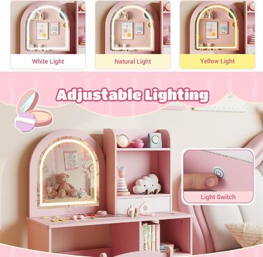 Дитячий туалетний столик LIFEZEAL 2 в 1 з дзеркалом та пуфом, рожевий, з ящиком та аксесуарами для дівчаток від 3 років