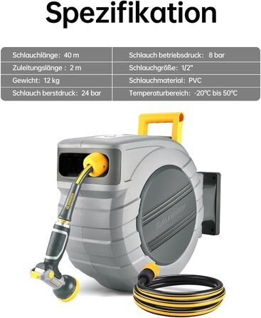 Шланговий барабан GLAHODEN з шлангом для саду 40 м + 2 м, стійкий до сонця та морозу, поворотний на 180°, настінна шланговий бокс з 9-функціональною розпилювальною насадкою 40 м