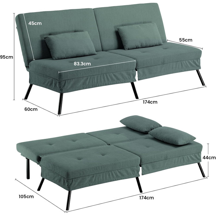 Диван-ліжко LUCKRACER 3-місний, трансформер, футон, кутовий диван, зелений, для вітальні та квартири
