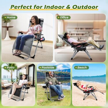 Шезлонг для відпочинку, розкладний, широка спинка 72 см, для саду, патіо, пляжу, басейну, з подушкою, 200 кг (Світло-сірий)