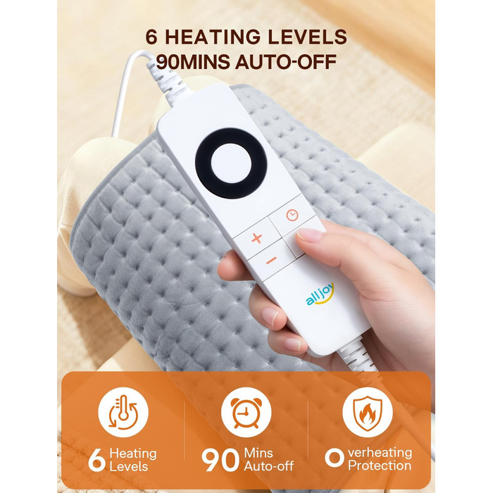 Електричне грілка для спини та тіла ALLJOY 85x45 см з автовимкненням, 6 температурних режимів, сірий колір