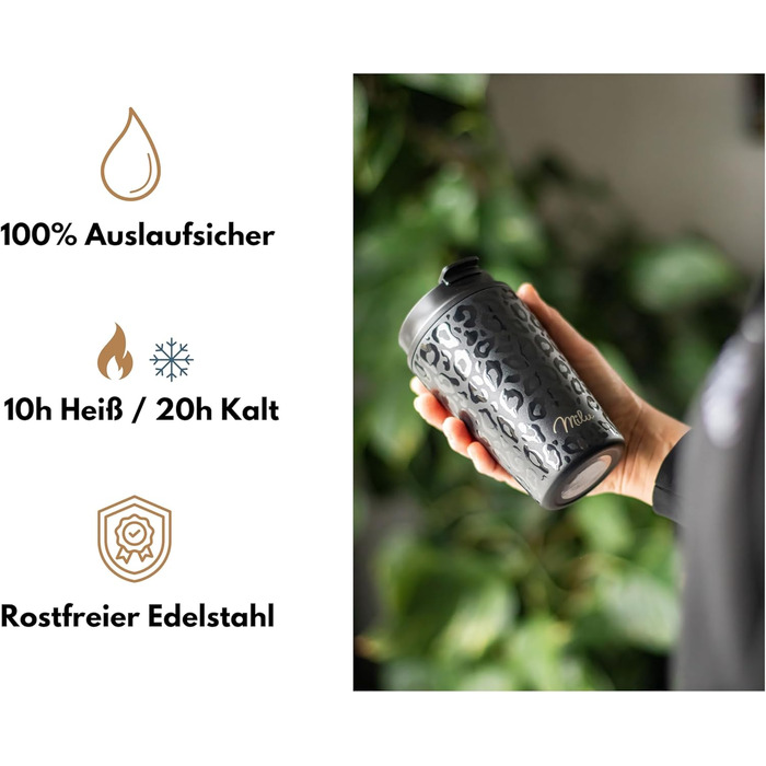 Термокружка Milu 400 мл - не протікає, з нержавіючої сталі, з трубочкою, ізольована, для кави/напоїв, чорна з леопардовим принтом, BPA-free