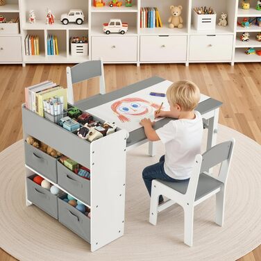 Дитячий стіл Mamizо з 2 стільцями, стіл для малювання та рукоділля, комплект меблів у дитячу кімнату, ігровий стіл з місцем для зберігання для дітей від 3 років (сірий, білий)
