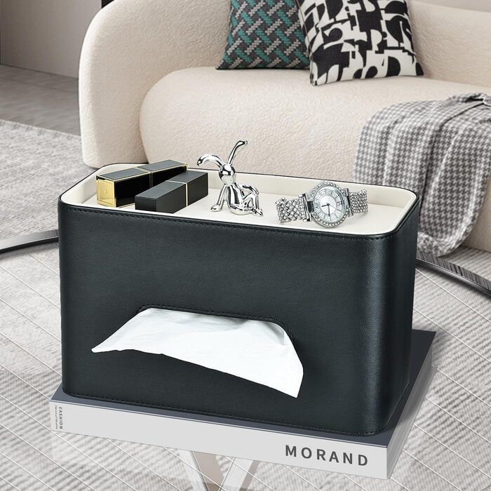 Скляниця для серветок GORESE з підносом, шкіряна, для офісу, дому, авто, ванної кімнати. Білий/Чорний колір