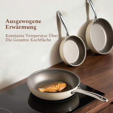 Набір сковорідок Koch Kode: керамічні сковороди 20, 24, 28 см з нержавіючою ручкою, індукційне дно, без PTFE та PFOA, придатні для миття в посудомийній машині та випікання, бежевий колір