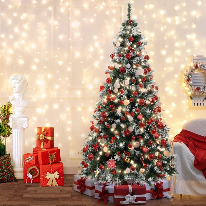 Штучна Біла Різдвяна ялинка САЛКАР 180 см, Штучна ялинка з рукавичками і червоними ягодами, металева підставка для різдвяних ялинок (210 см)