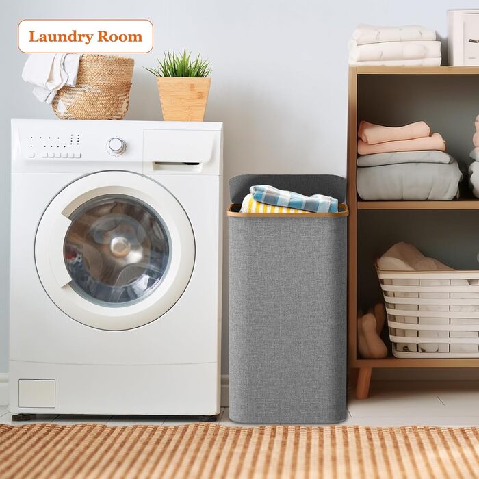 Кошик для білизни з кришкою 70л, вузький, з бамбуковими ручками та внутрішньою кишенею, складний, портативний, для пральні, йоги, темно-сірий 70л