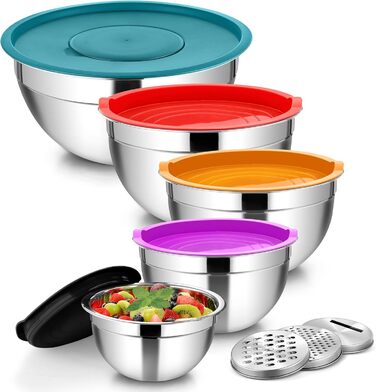 Набір мисок Homikit (5 шт.) з нержавіючої сталі з кришкою та силіконовим дном. Багатофункціональний, стековий, придатний для миття в посудомийній машині, 6.6L / 3.5L / 2.5L / 1.5L / 1L (Кольоровий, з 3 терками)