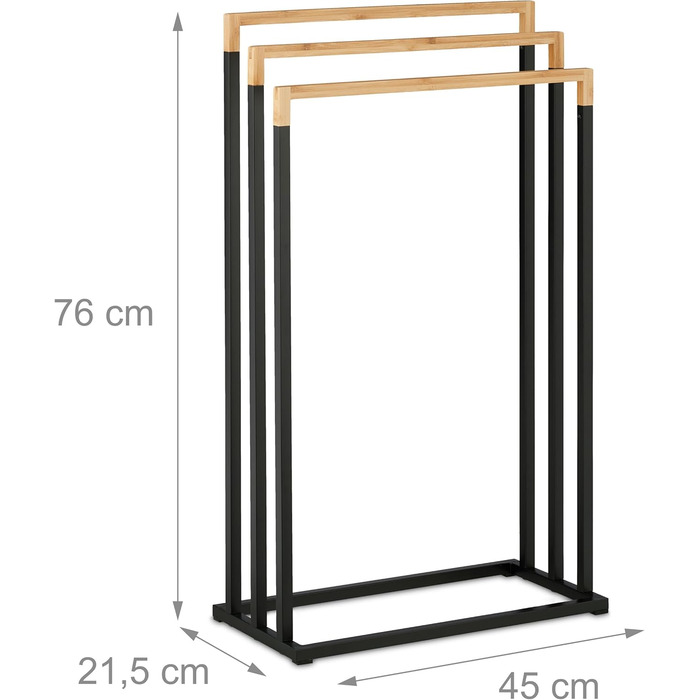 Вішалка для рушників Relaxdays, 3 стовпи, окремо стояча, 76x45x21.5 см, рушникосушка для душу, праска, чорний/натуральний