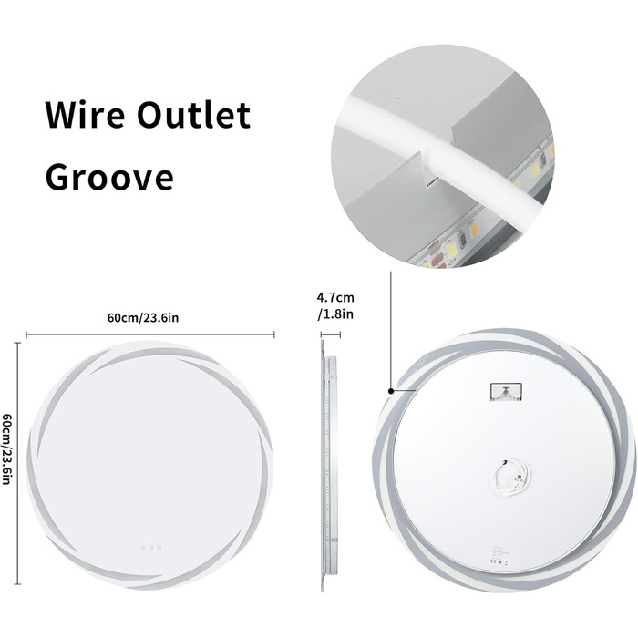 Круглий дзеркало для ванної кімнати LUVODI з підсвічуванням: LED дзеркало круглої форми 60 см з фоновою підсвіткою, 3 кольори світла, регулювання яскравості, сенсорна кнопка, запобігання запотіванню, енергозбереження, для ванної кімнати, для гостей, туале