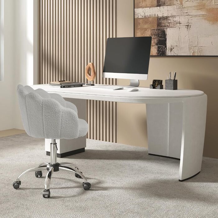 Крісло WOLTU для офісу та дому, крісло до туалетного столика з підлокітниками у вигляді пелюсток, поворотне з роликами, регульоване по висоті, для робочого кабінету, спальні (Світло-сірий, кашеміровий матеріал)