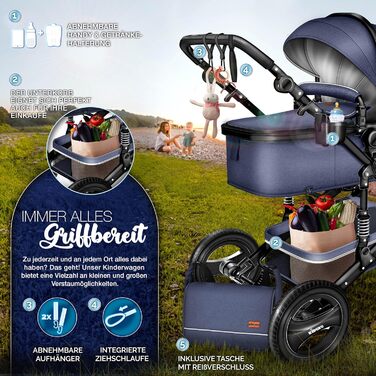 Дитяча коляска KIDUKU® 3 в 1 XXL Комплект | Комбінована коляска з люлькою, прогулянковим блоком та автокріслом | З підставкою для ніг, пеленальною сумкою, підстаканником, захистом від дощу, шинами з повним покриттям, відповідає стандарту ECE R129 (Синій /