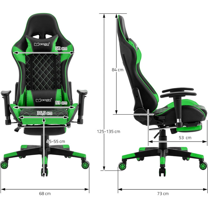 Ергономічне ігрове крісло ML-Design, зелене, зі шкірозамінником, підставкою для ніг, підлокітником, поперековою подушкою