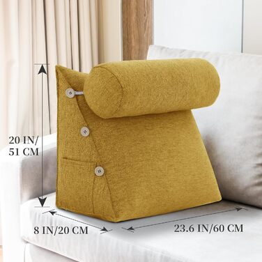 Підкова для читання Bettkeil, регульоване подушечкове ліжко, трикутна подушка, подушка-клинок, диванна подушка для попереку, шиї, подушка для підтримки спини з знімним льняним чохлом (жовтий, з подушкою для шиї 60см)