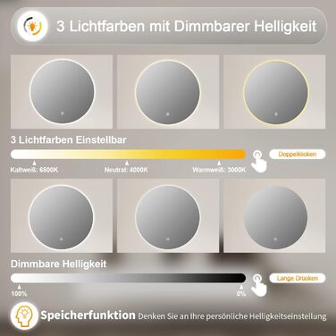 Дзеркало для ванної кімнати LED 40x60 см з підсвіткою, сенсорне керування, 3 кольори світла, IP67, A++, для ванної/вітальні