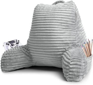 Крісло-лежак Clara Clark для дорослих - спинка для сидіння в ліжку, стандартна плюшева подушка для ліжка, подушка з подрібненим пінополіуретаном з підлокітниками та кишенями, сріблясто-сірий колір