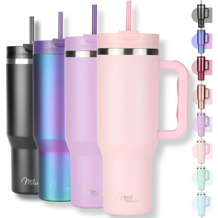 Термокружка Milu 1200 мл з трубочкою та ручкою – подарунок на Великдень для жінок та чоловіків. Ідеї подарунків для тата, мами, друга, подруги. Подарунки на День батька та День матері. Подарунки для дідуся та бабусі (1200 мл, Blossom Pink)