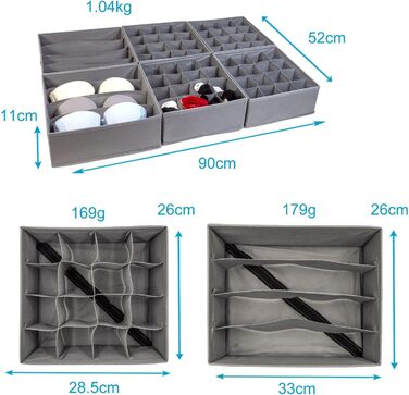 Система організації коробок для зберігання INTIRILIFE 6 шт. для нетканих ящиків сірого кольору - дві коробки на 4 відділення 33x26x11 / чотири коробки на 16 відділень 28,5x26x11 см - Складаний органайзер для шкарпеток нижньої білизни