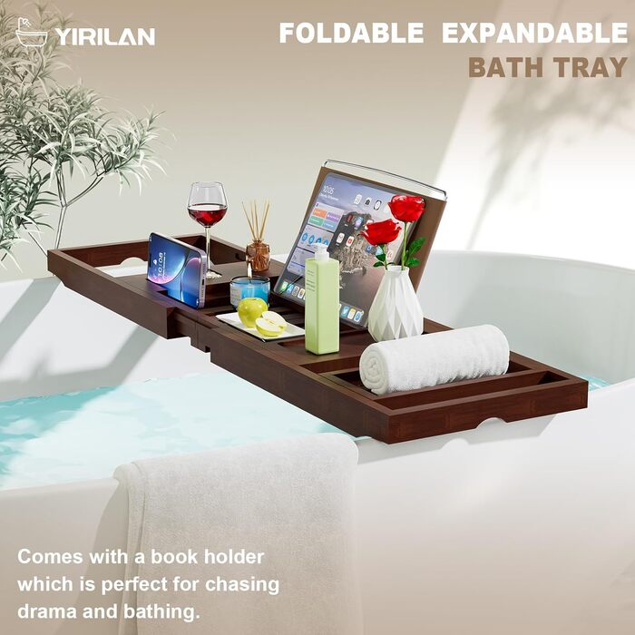 Підставка для ванни Yirilan, висувна, бамбукова, для 1-2 осіб, з тканиною (колір: коричневий)