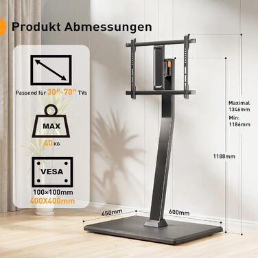 Підставка для телевізора Perlegear на колесах, мобільна, поворотна, нахильна, для телевізорів 30-70 дюймів, до 40 кг, VESA 400x400 мм